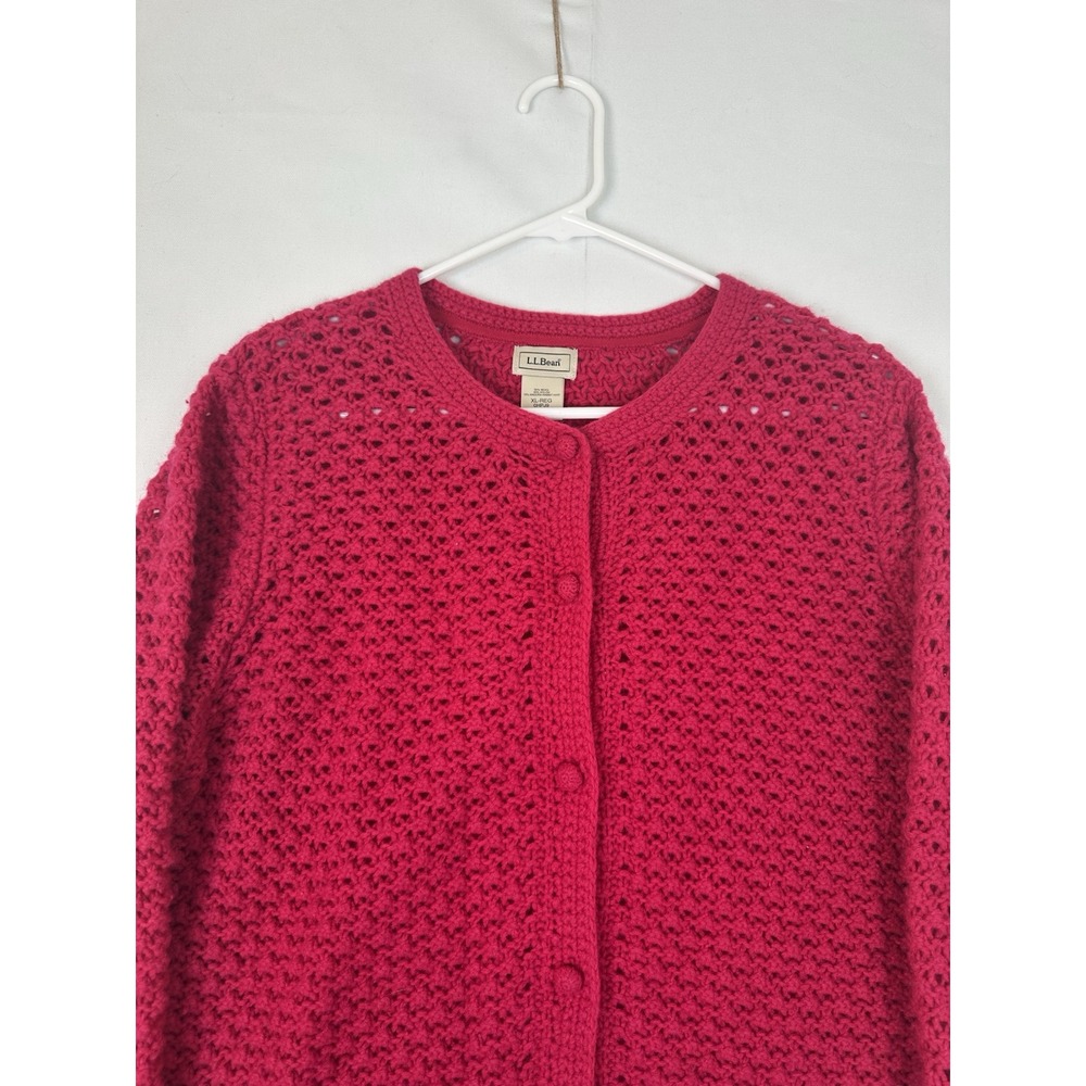 LL Bean Cardigan Women's XL Pink Crochet Button Front Wool Rabbit Blend OHPJ9